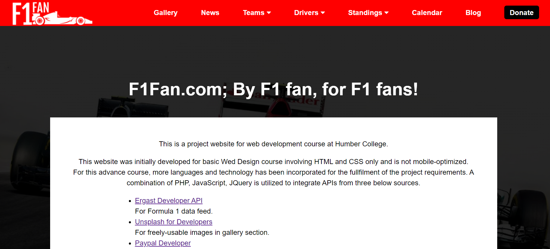 snapshot of f1 fan website